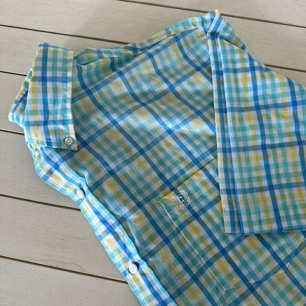 CHAPS- 3XLT- Baby blue Tiffany Green and yellow plaid, short sleeved dress shirt